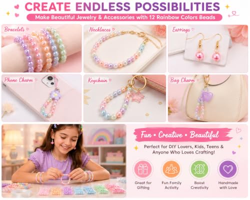 Image of ambitieux Bracelet Making Craft Kit 12 Types of Colorful 400+ pcs of Plastic Beads with Elastic -(Colorfull with 8 mm) (8 mm Metallic Pearl)
