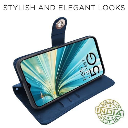 Image of Pikkme itel P55 5G Flip Cover Leather Finish | Inside TPU with Card Pockets | Wallet Stand and Shock Proof | Complete Protection Button Flip Case (Blue)