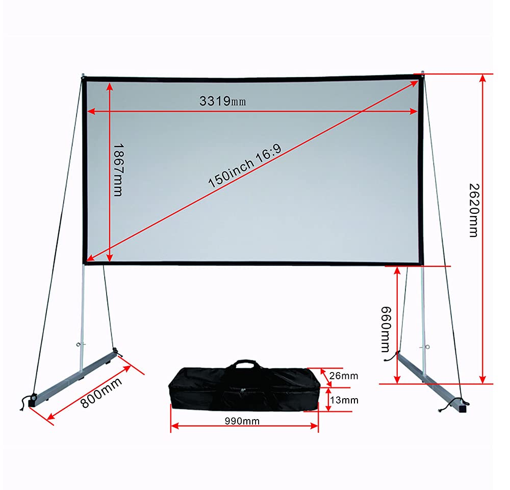 Tela per proiettore da 150 pollici, con supporto, schermo per treppiede, 16:9 HD Premium, schermo per proiettore per interni ed esterni, per film e presentazioni d'ufficio