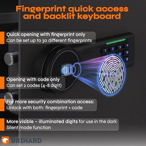 Brihard Biometrischer Safe E14602B – 2-in-1 Digitale Tastatur und Fingerabdruck – Home Tresor 25 cm x 35 cm x 25 cm (H x B x T) – Anti-Bump Lock elektronische Sicherheitsbox – LED-Anzeigen –