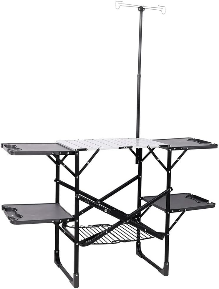 Camping Kitchen Table with Light Pole, Portable Folding Camp Cook Station with Side Tables, Storage Rack & Paper Towel Holder for BBQ Tailgating Picnic RV Travel