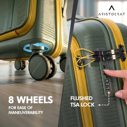 Image of Aristocrat Solana Cabin Trolley Bag 53cm | Small | Hard Luggage | 8-Wheel Suitcase with Laptop Compartment for Business Travel | TSA Lock with Anti-Theft Zipper | 3 Year International Warranty (Green)