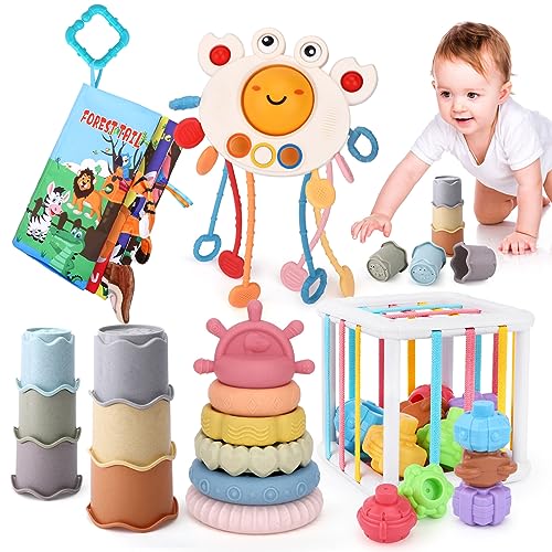 Image of 5 In 1 Baby Montessori Toys 6+ Months, Sorting&Stacking Toys For Toddler, Including Shape Sorter&Sensory Bin, Pull String Toys, Stacking Tower & Cups, Baby Sensory Book, Christmas & Birthday Gift