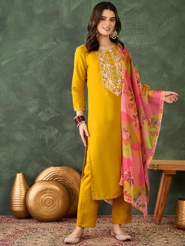 Image of Naixa Women's Rayon Embroidered Straight Kurta with Pant and Dupatta (Available in Plus Size)