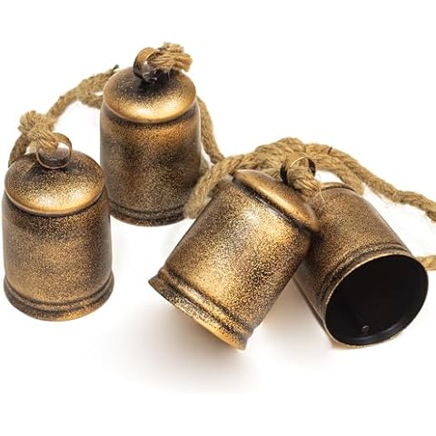 KI Store Cylinder Christmas Bell Cluster 4pcs Hanging Metal Cow Bells on Jute Rope for Wreath Garland Christmas Fireplace Mantel Porch Towel Ladder Wall Decor 28-Inch Cover