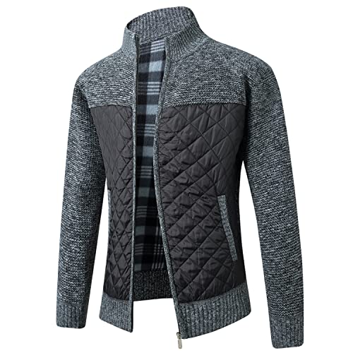 Image of Lu's Chic Men's Long Sleeve Cardigan Sweater Thermal Slim Fit Full Zip Quilted Jacket Business Casual Knit Coats Pocket