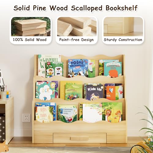 Image of 3-Tier Montessori Scalloped Kids Bookshelf, 29.6 inch Wide Natural Wood Forward Facing Bookcase for Toddlers, Children's Book Display and Organizer for Playroom, Nursery, Bedroom or Classroom