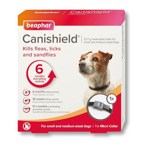 Beaphar Canishield Flohhalsband für medizinische Hunde, tötet Flöhe, Zecken und Sandfliegen, verstellbar für kleine/mittelgroße Hunde (bis 48 cm) | lang anhaltender Schutz | Tierarzt-Kraftbehandlung