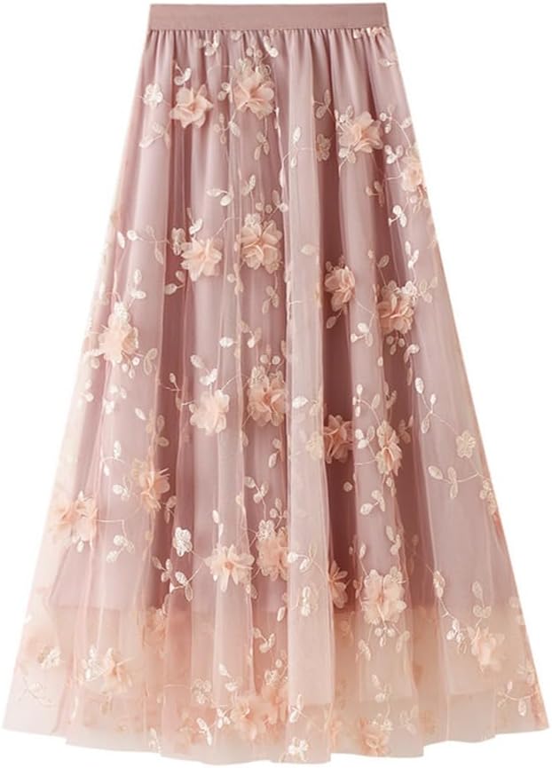 Womens Floral Midi Skirt High Waisted A Line Cute Layered Fairy Mesh Tulle Pleated Skirt