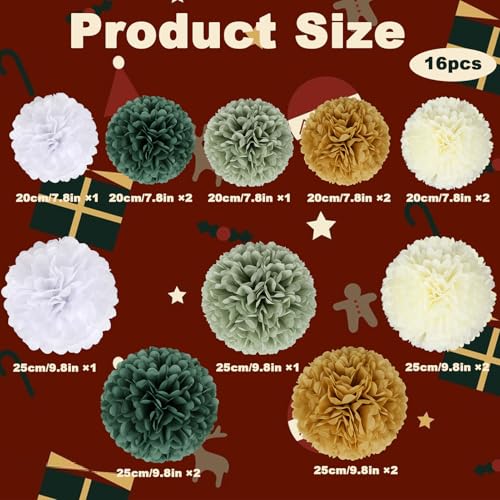 Image of BestoFun 16 PCS Sage Green Party Decorations Tissue Paper Flowers Christmas Party Decors Hanging Pom Poms Decorations for Xmas New Year Winter Holiday Decorations