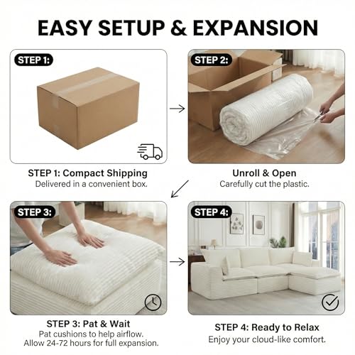 Image of 110 inch Modular Sectional Sofa with Ottoman - L Shaped Cloud Couch for Living Room, Oversized Boneless Couch Set, Modern Corduroy Memory Foam Sofa in a Box