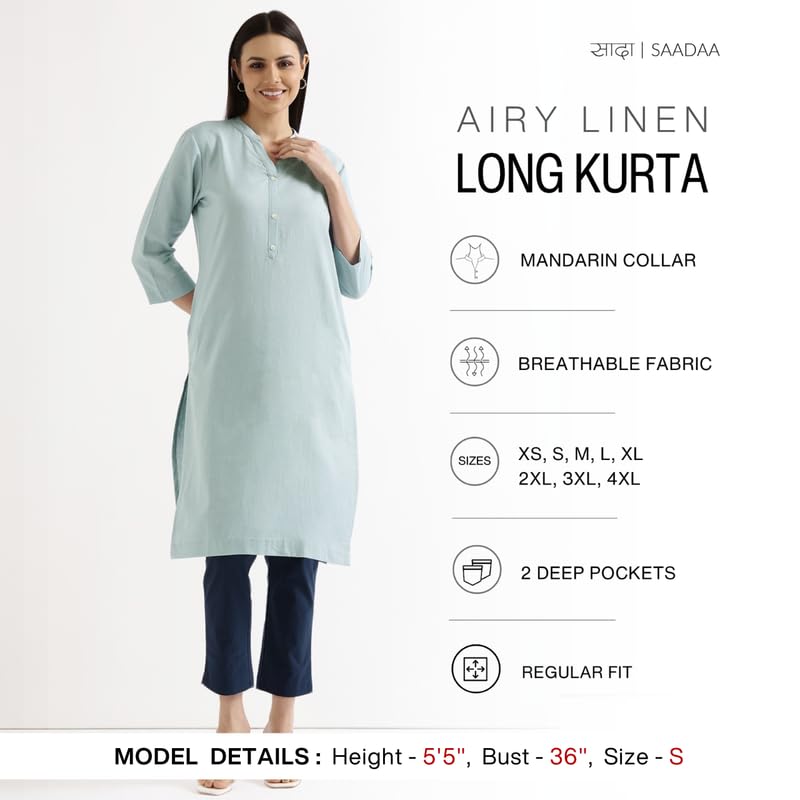 Image of SAADAA Women's Linen Straight Fit Straight Long Kurta Airy Plain Kurta, 3 /4 Sleeve, Knee Length Kurtis with Pockets, Casual and Office Wear