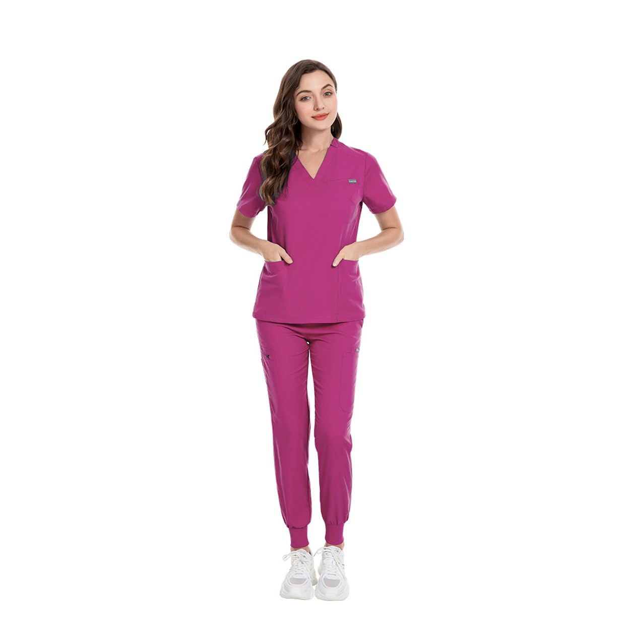 Uniformi mediche Scrubs Top manica corta con scollo a V e 3 tasche Pantaloni Yoga Jogger affusolati Elastico in vita DK09