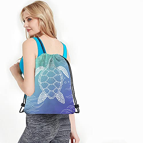 Watercolor Turtle Drawstring Bags Backpack Bag Ocean Sea Animal Seaweed Cartoon Doddle Art Underwater Bubble Sport Gym Sack Drawstring Bag String Bag Yoga Bag for Men Women4