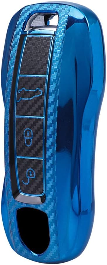 TPU Carbon Fiber Texture Car Key Fob Cover with Keychain fits for Porsche Panamera Cayenne Macan Cayman Boxster Mk2 Lepin Gt3 911 924 944 Car Key Case Cover Smart Remote Car Key Holder Blue