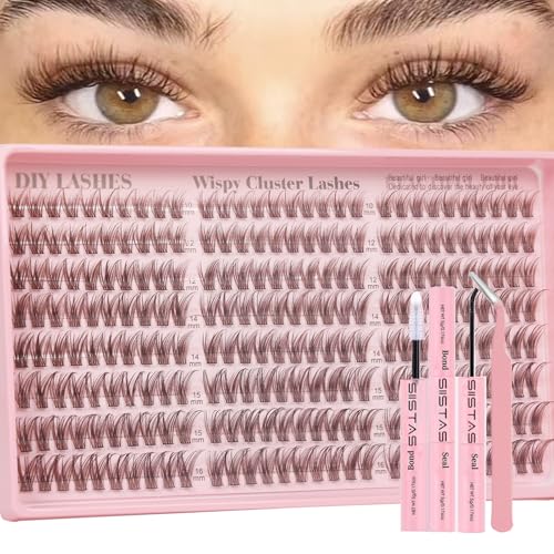 Brown Lash Clusters Kit 240Pcs Natural Eyelashes Individual D-Curl Soft Cluster Lashes 10-16mm Mixed DIY Lash Extension Kit with Lash Bond and Seal for DIY at Home(Brown Kit)
