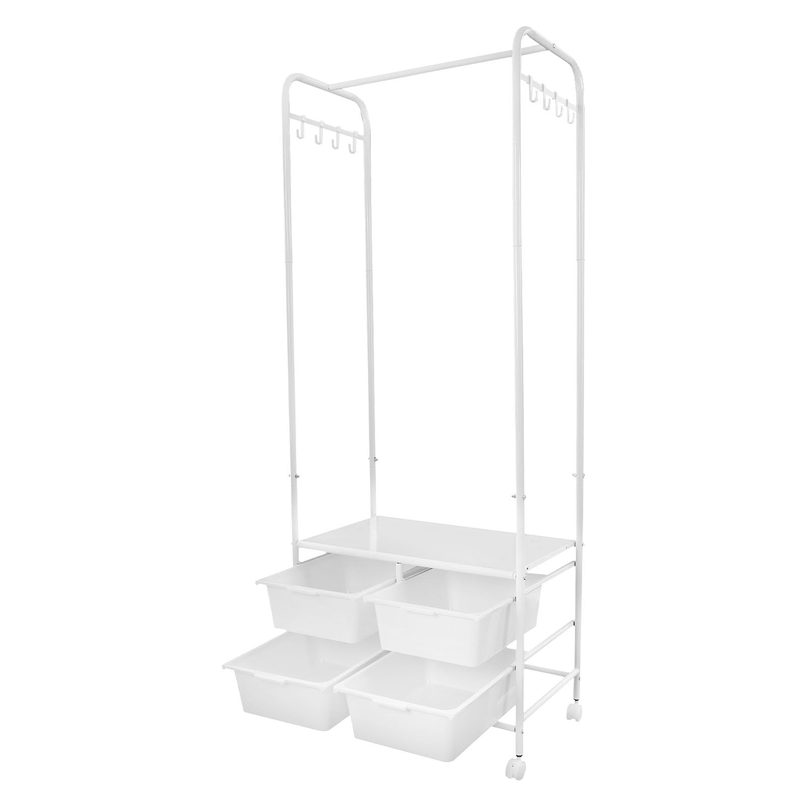 Garderobenständer, Rollbarer Kleiderständer Metall Kleiderbügel mit 4 Aufbewahrungsboxen & 8 Haken Kleiderhalterungsständer Garderobe für Schlafzimmern, Waschküchen 63x37x160 cm