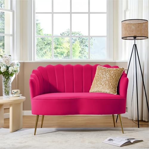 Image of HULALA HOME Modern Velvet Loveseat Sofa with Flower Shaped Back, Comfy Upholstered 2-Seater Sofa with Gold Metal Legs, Small Love Seat Accent Couch for Living Bedroom Leisure Areas, Fushia