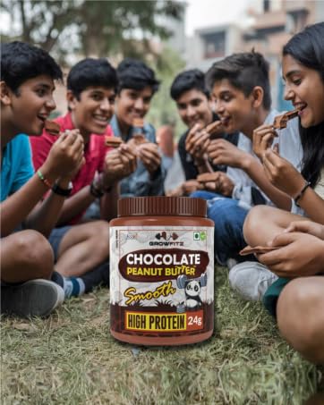 Image of Growfitz Peanut Butter Chocolate Smooth 800g | 24g High Protein Peanut Butter | 7g Fiber | Tasty & Healthy Nut Butter Spread for Breakfast & Snacks | Roasted Peanuts | Zero Sugar (Pack of 3)