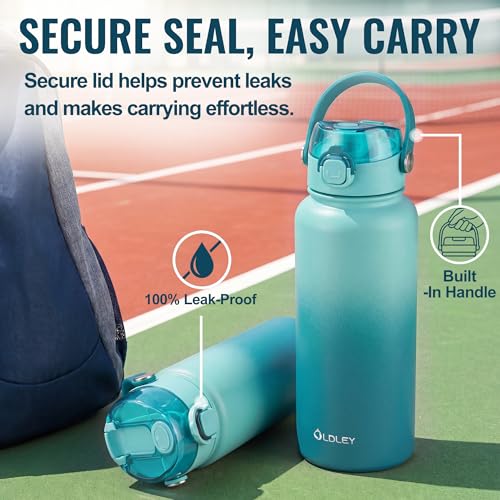 Image of OLDLEY 32oz Insulated Water Bottle with 2-in-1 Straw & Chug Lid, Leakproof Stainless Steel Bottle, Double Wall Vacuum Insulated Water Bottle for Sports, Gym, Travel, Teal Ombre