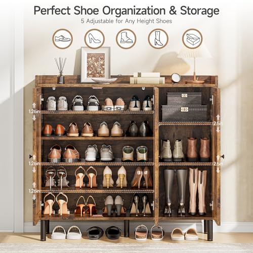 Image of ONBRILL Shoe Cabinet with 3 Doors and Adjustable Shelves, 30 Pairs Shoe Storage Cabinet, 40 Inch Tall Farmhouse Shoe Rack Shoe Organizer Cabinet for Entryway Living Room Closet, Rustic Brown
