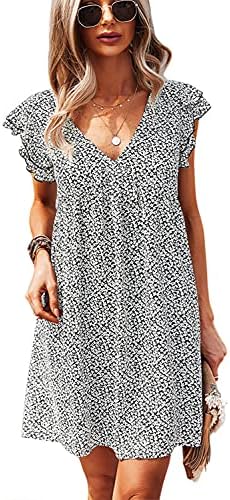 TAMEYA Casual Summer Dresses for Women, Cute Boho Ruffle Sleeves V Neck Beach Dress Loose Fit Mini Dress Short Flowy Swing Dress (Black, XL(US 16-18))