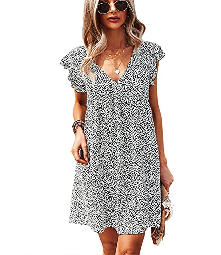 Tameya Casual Summer Dresses For Women, Cute Boho Ruffle Sleeves V Neck Beach Dress Loose Fit Mini Dress Short Flowy Swing Dress (Black, Xl(Us 16-18)) #TOP26