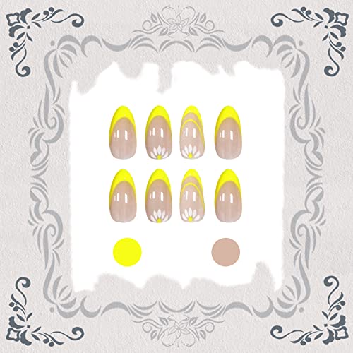 Votacos French Tip Press On Nails Long Almond Fake Nails Nude False Nails With Yellow Design Glossy Stick On Nails For Women #TOP3