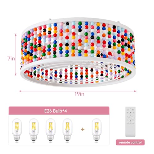 Image of Ceiling Fans with Lights and Remote - Bulbs Included, Caged Fandelier with Handcrafted Beaded Decor 19 inches Reversible Flush Mount Installation Ceiling Fan, Colorful