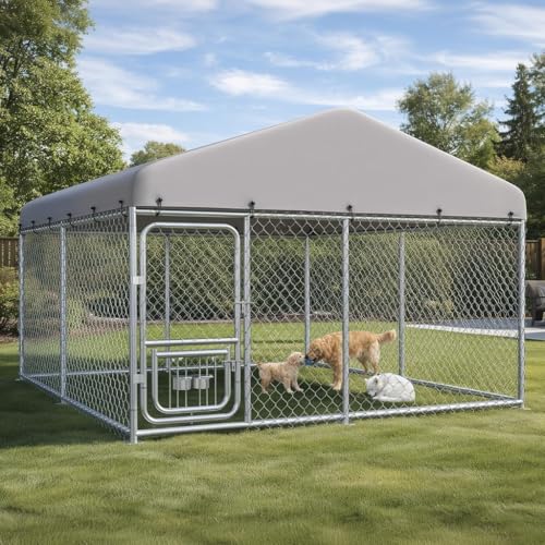 COMHOMA 1010FT Outdoor Dog Kennel with Adjustable Bowls Feeder Heavy Duty Extra-Large Dog Enclosure with Roof & Lock All Weather Resistant for Medium Large Dogs