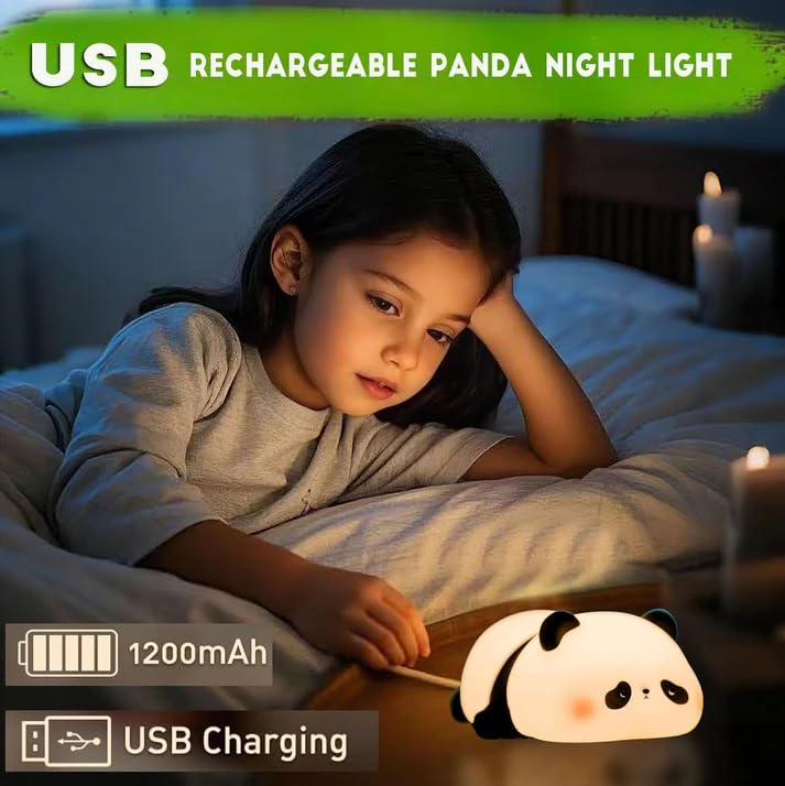 Image of XERGY Cute Sleeping Panda Silicone Night Light - USB Rechargeable, 7 Color Changing, LED Lamp with Tap Control & Timer for Kids, Bedroom, Gifts & Home Decor