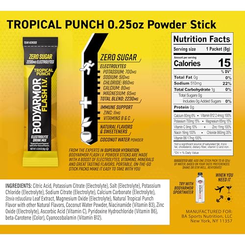 Image of BODYARMOR Flash I.V. Electrolyte Packets,Tropical Punch,Zero Sugar Drink Mix, Single Serve Packs, Coconut Water Powder, Hydration for Workout, Travel Essential, Just Add Sticks to Liquid (Pack of 90)