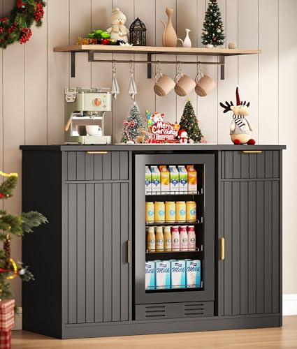 Lamtor 53' Fluted Coffee Bar Cabinet with Fridge Space - Wine Bar Cabinet with Drawer & Door Storage, Mini Fridge Stand with Power Outlet for Kitchen Dining Room, Black