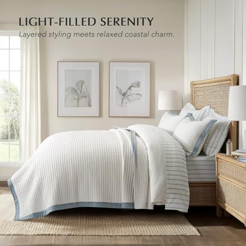 EVERGRACE Cotton Border Frame Tack-Stitch Quilt Bedding Set Queen Size, Coastal Oversized 3 Pieces Lightweight Bedspread Coverlet for All Season, with 2 Matching Shams, Blue Linen - Image 2