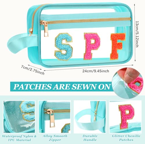 Pinkunn Chenille Letter Bag Clear Makeup Pouch Cute Preppy Letter Patch Cosmetic Bag with Zipper Nylon Waterproof Portable Travel Purse Toiletry Organizer for Appreciation Gift(Teal,Spf)2