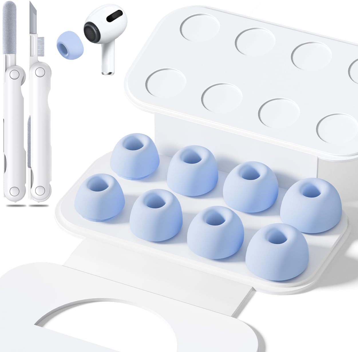 4 Pairs Replacement Ear Tips for Airpods Pro 1/2 with Hole for Noise Reduction, Silicone Earplugs for Airpods Pro with Cleaning Set & Portable Storage Box, 4 Sizes (XS/S/M/L) Light Blue