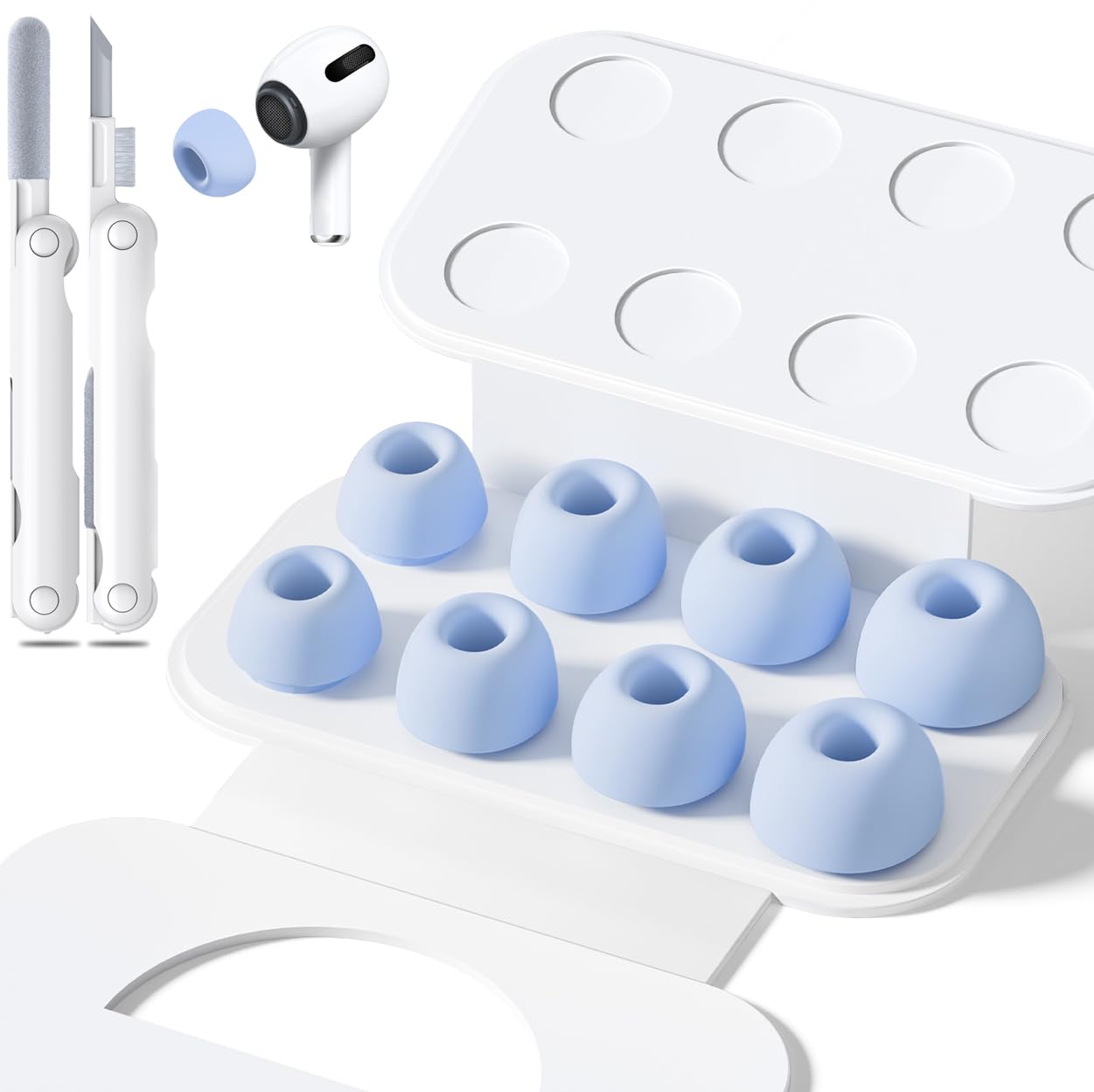 4 Pairs Replacement Ear Tips for Airpods Pro 1/2 with Hole for Noise Reduction, Silicone Earplugs for Airpods Pro with Cleaning Set & Portable Storage Box, 4 Sizes (XS/S/M/L) Light Blue