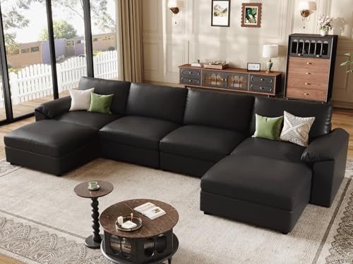 Image of EASE MOOSE Oversized Modular Sectional Sofa,Leather Sectional Couch with Deep Seat, Classic Extra Large U Shaped Couch,Faux Leather Material Sofa Comfy Scratch Resistant for Living Room,Black