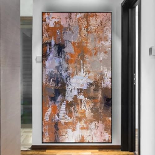 Peinture à l'huile paysage rose jaune grand format 85x160 cm avec cadre noir salon