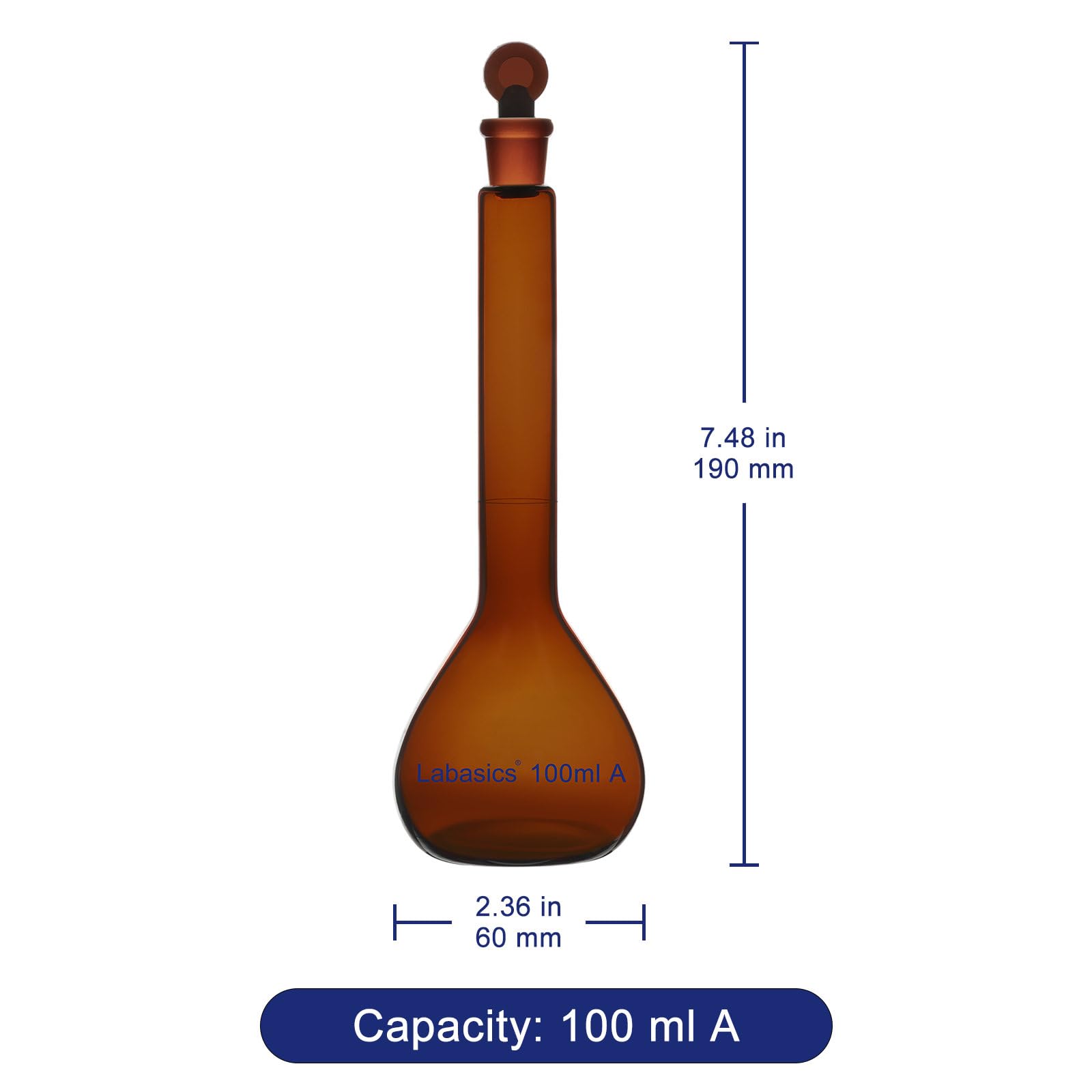 Labasics Pallone Tarato Amber da 100 ml, Vetro Borosilicato di Classe A con Tappo in Vetro Marrone Abbinato, Ideale per Soluzioni Sensibili Alla Luce nei Laboratori Chimici