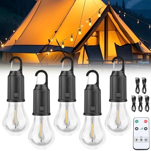 DAJASD Campinglampe Aufladbar, 5 Stück Tragbare Camping Licht Glühbirne, 3 Helligkeitsmodi, Zeltlampe Glühbirne, Wasserdicht, USB-Ladung für Camping Abenteuer Angeln Garage Notfall Stromausfall
