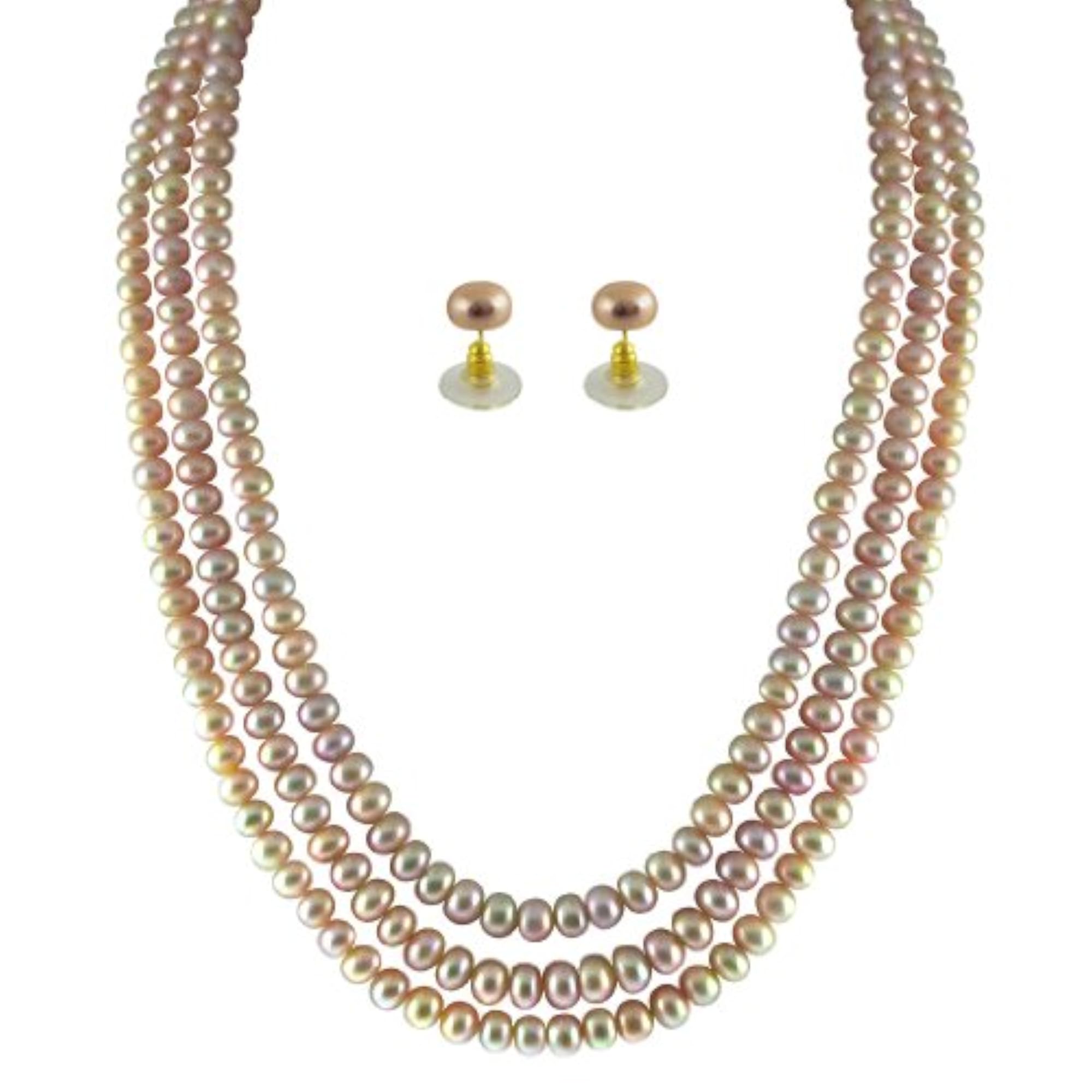 Women's 3 String Pink Pearl Necklace Set, AAA Quality Gift