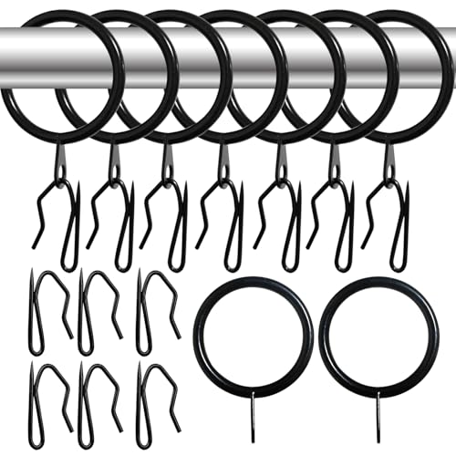 TNsughang 30 Pack Metal Curtain Rings for Drapes and 30 Pack Metal Curtain Hooks Curtain Rings with Hooks Ring Hooks for Curtains Drapery Rings with Hooks for Window Door Shower (Black, 1.18 Inch)