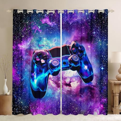 ZZTBQ Manette de Jeu Lot de 2 Rideaux Occultant 90x132 (lxH) Gamer Gaming Game Décoration de Fenêtre Draperies Galaxy Ciel étoilé Opaque Courts Isolation...