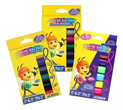 Guache Bastão Acrilex, 3 Conjuntos com 6 Cores Cada, Metálico, Ne...
