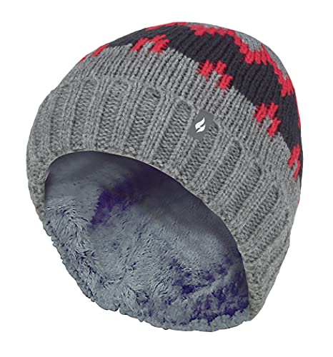 HEAT HOLDERS - Boys Pull On Chunky Knitted Warm Beanie Hat (7-10 Years, Pebble Melange/Red/Navy)