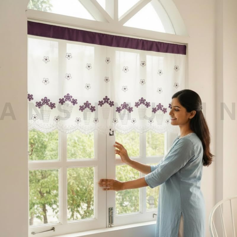 Image of Short Window Curtain for Kitchen, Living Room, Cafe, Restaurant & Home Decor | Elegant Half Window Valance | Length - 24 Inch, Width - 42 Inch (White Flowerpot, Small)