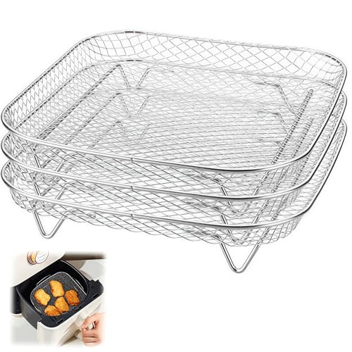 3 griglie quadrate per friggitrice ad aria, 21 x 21 x 4 cm Ripiani Friggitrice d'Aria Grill Rack Griglia Multifunzionale in Acciaio Inox Accessori per maggiore spazio di cottura e facile da pulire