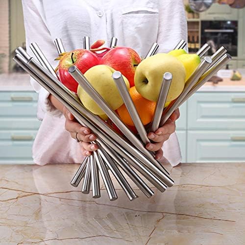 QIEZI Foldable Rotation Fruit Basket, Unique Design Decorative Fruit Bowl,15"x10" Modern Stainless Steel Fruit Stand Storage, Creative Fruit Holder For Kitchen Storage Rack