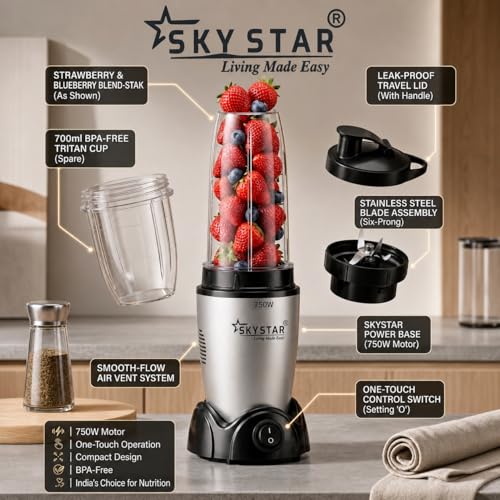 Image of SKYSTAR Blendo 2 Jar Bullet Nutri 750 W Juicer Mixer Grinder For Smoothies, Juice and Protein Shake (2 Jar Blender Nutri | Silver) 4 Year Warranty